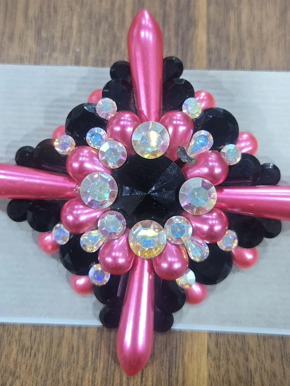 Stefanie Somers Vintage Crystal Pageant Statement Brooch Pin AB Pink Black